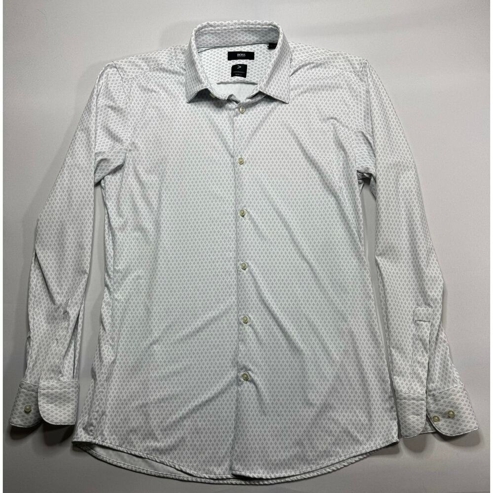 Hugo Boss Men's White Geo Print Slim Fit Performance Button Up Shirt - M